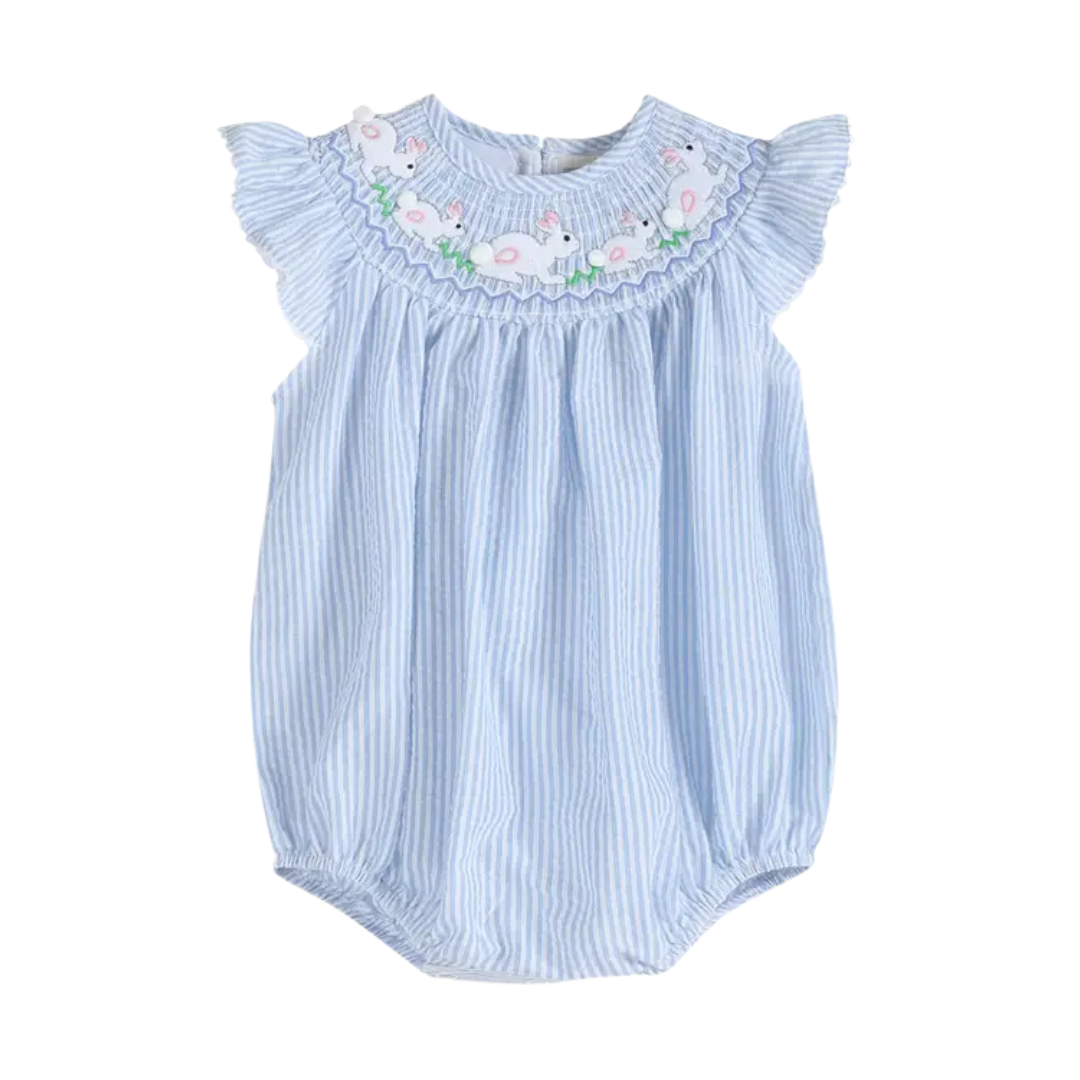 Blue Seersucker Bunny Smocked Flutter Romper