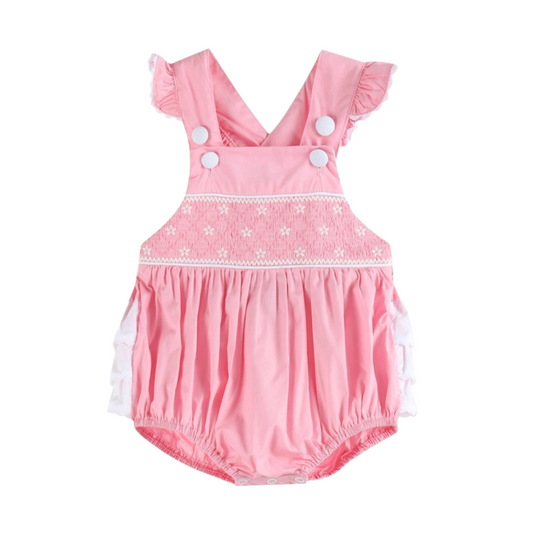 Pink and White Flower Smocked Ruffle Romper