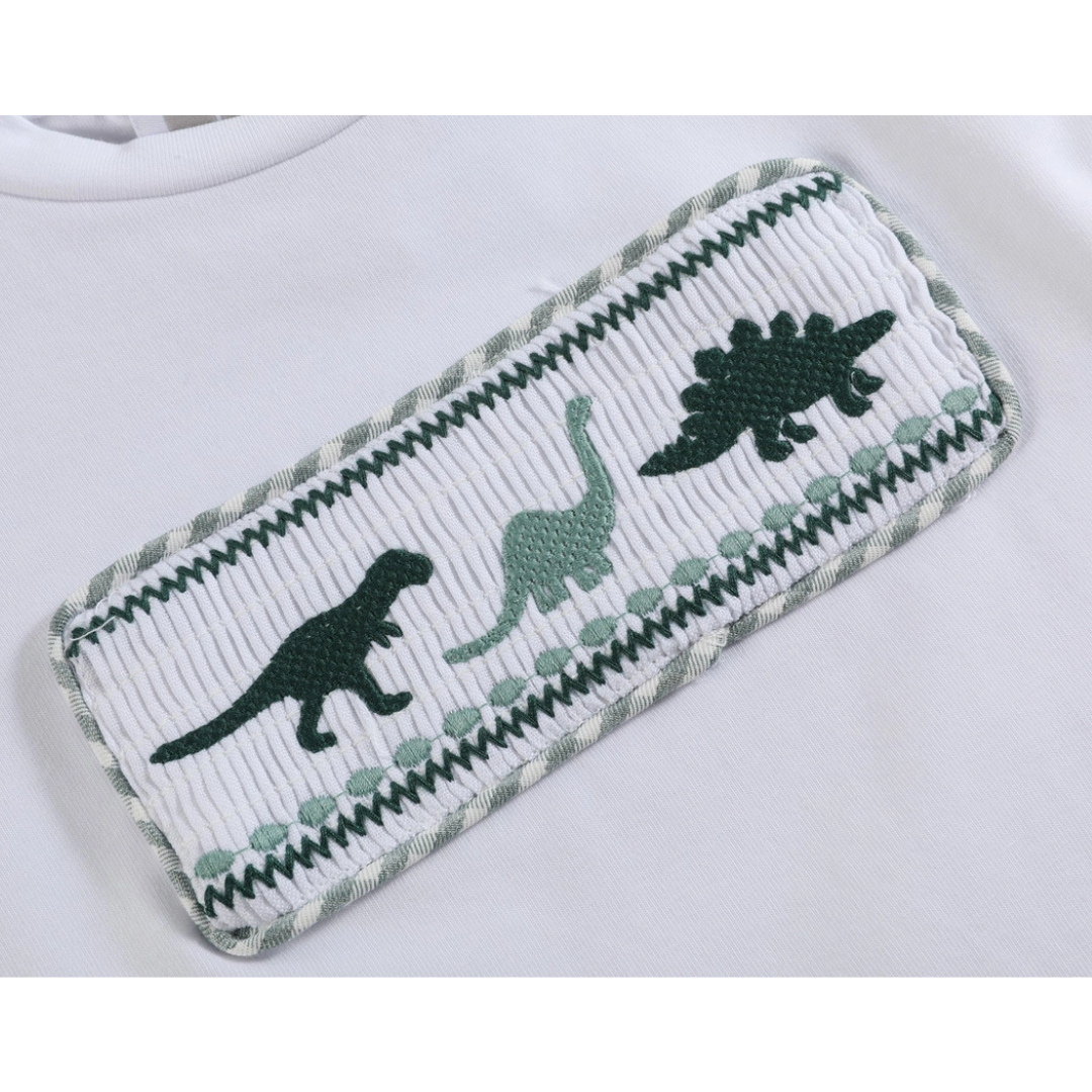 White Dinosaur Smocked Tee and Green Gingham Shorts