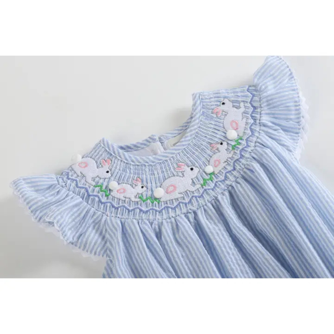 Blue Seersucker Bunny Smocked Flutter Romper