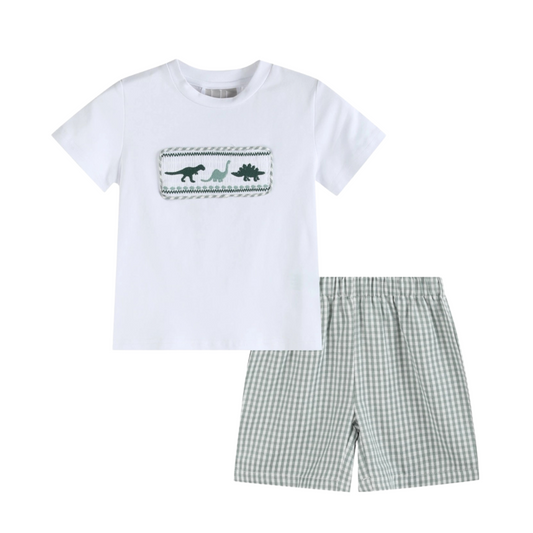 White Dinosaur Smocked Tee and Green Gingham Shorts