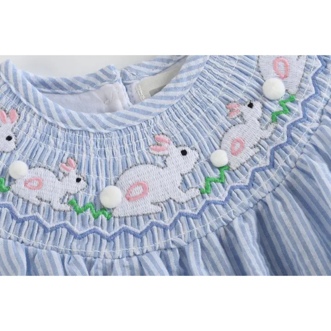 Blue Seersucker Bunny Smocked Flutter Romper