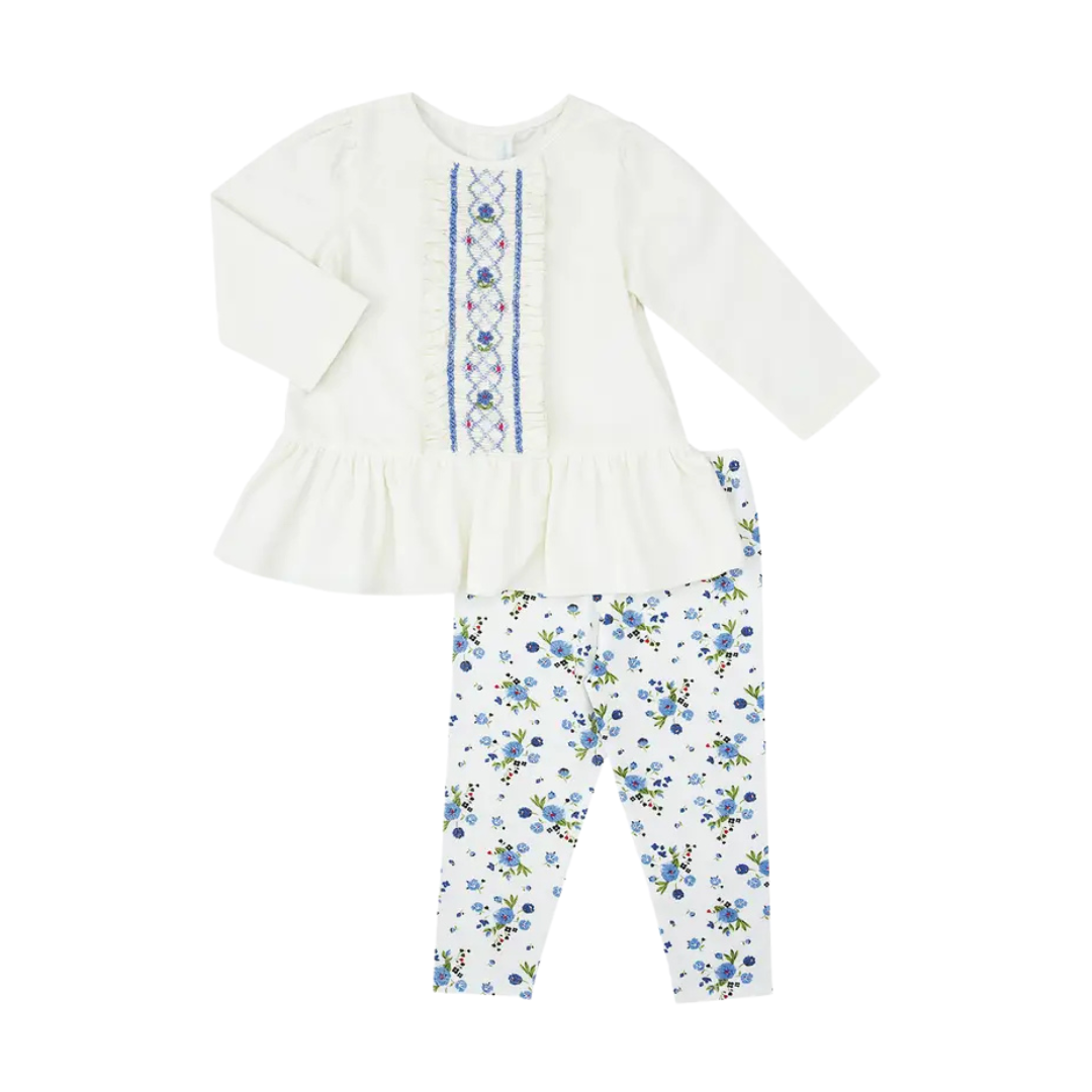 Ivory Smocked Corduroy Top and Blue Floral Leggings