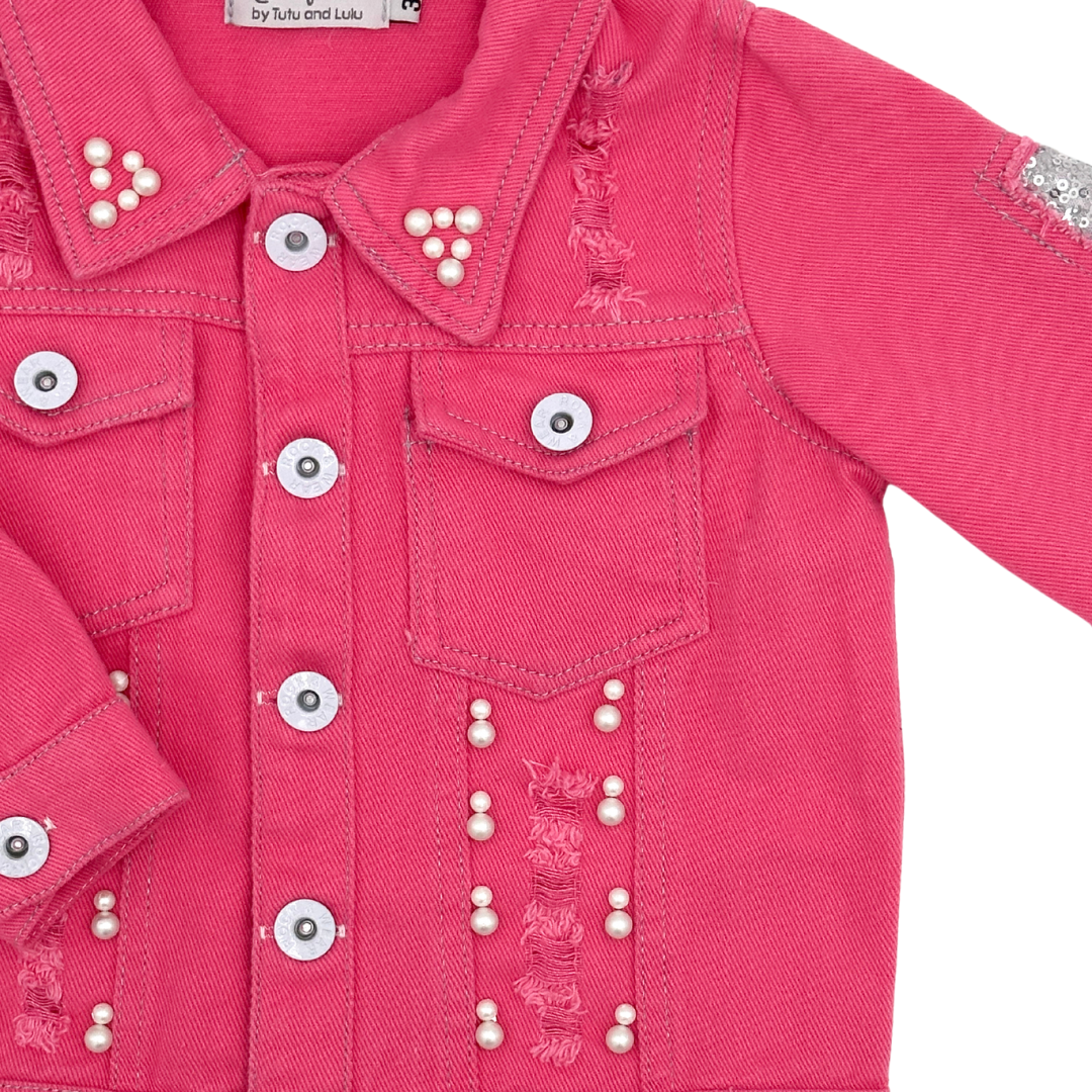 Pink Butterfly Sequin Denim Jacket