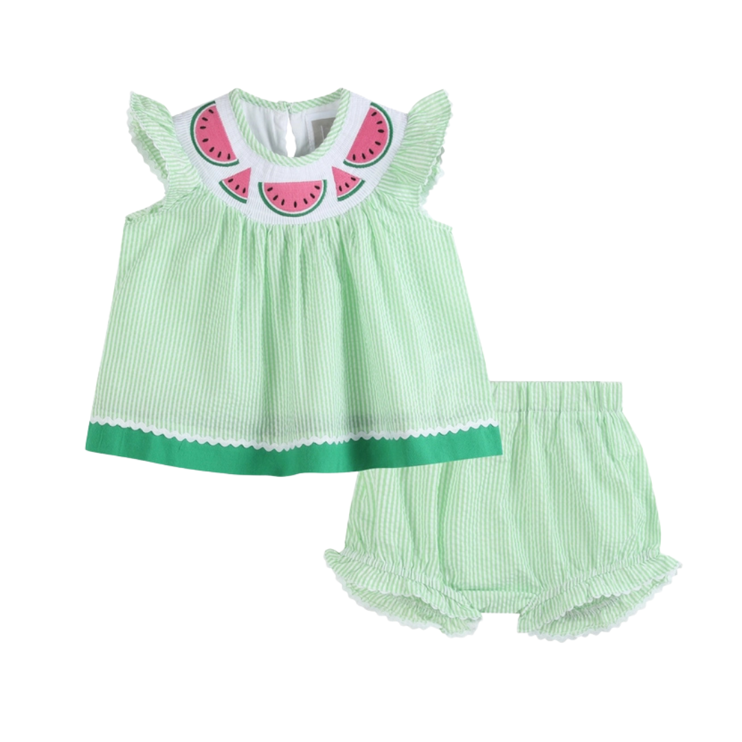 Green & White Stripe Watermelon Smocked Angel-Sleeve Dress and Bloomers