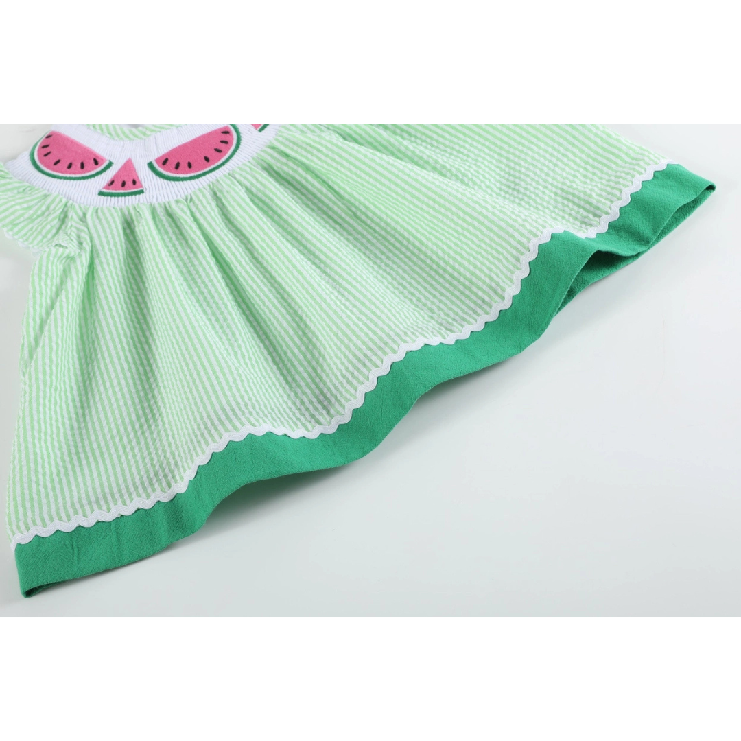 Green & White Stripe Watermelon Smocked Angel-Sleeve Dress and Bloomers