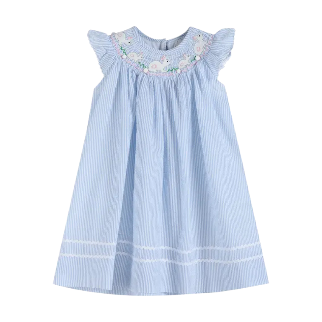 Blue Seersucker Bunny Smocked Bishop Dress