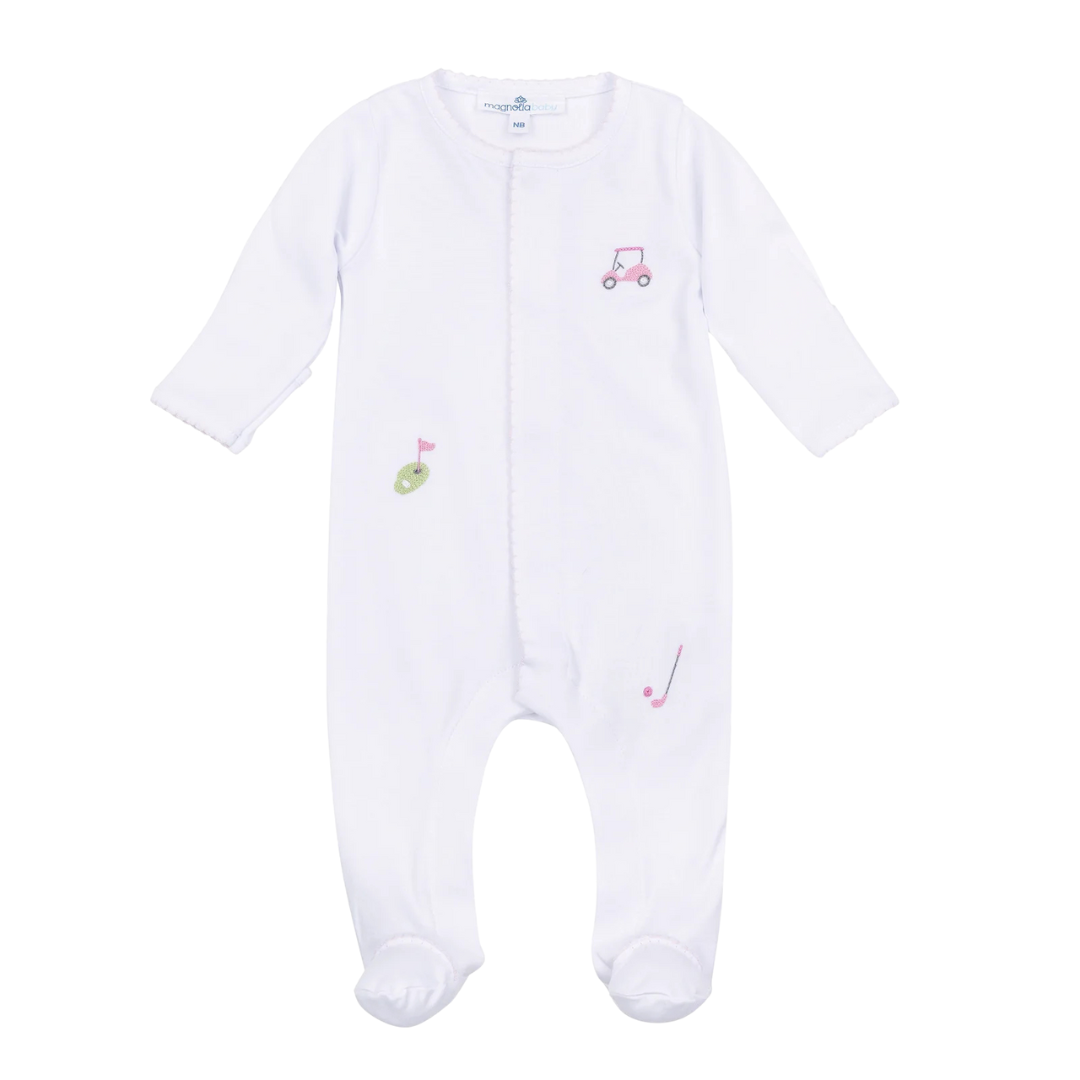 Tiny Tee Time Pink Embroidered Footie