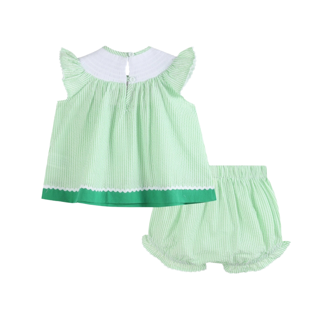 Green & White Stripe Watermelon Smocked Angel-Sleeve Dress and Bloomers