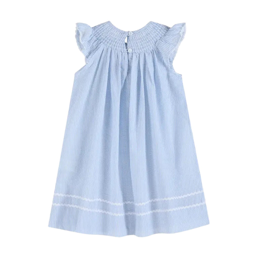 Blue Seersucker Bunny Smocked Bishop Dress