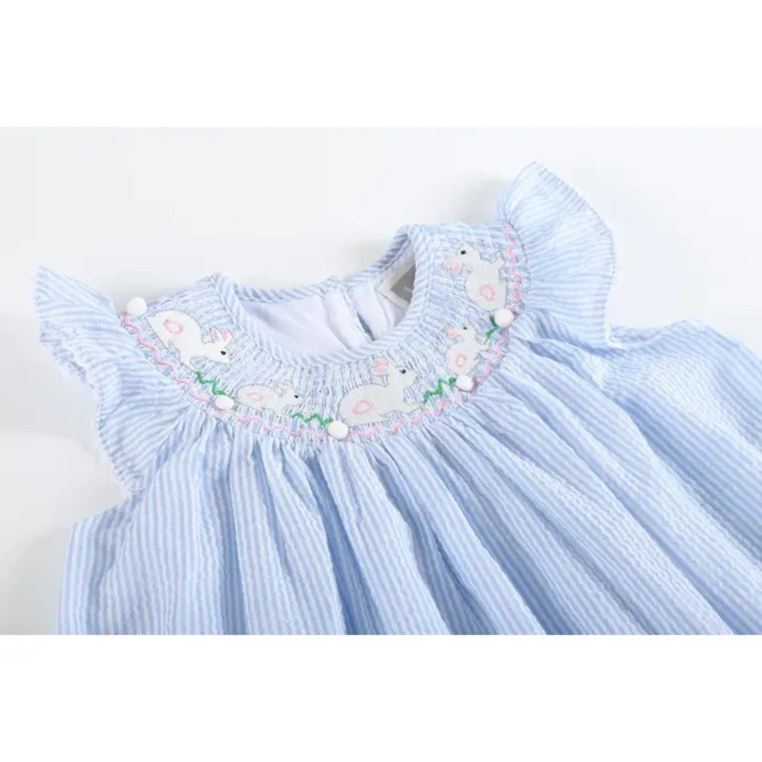 Blue Seersucker Bunny Smocked Bishop Dress