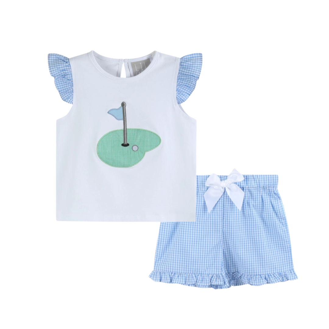 Light Blue Gingham Golf Tee and Shorts Set