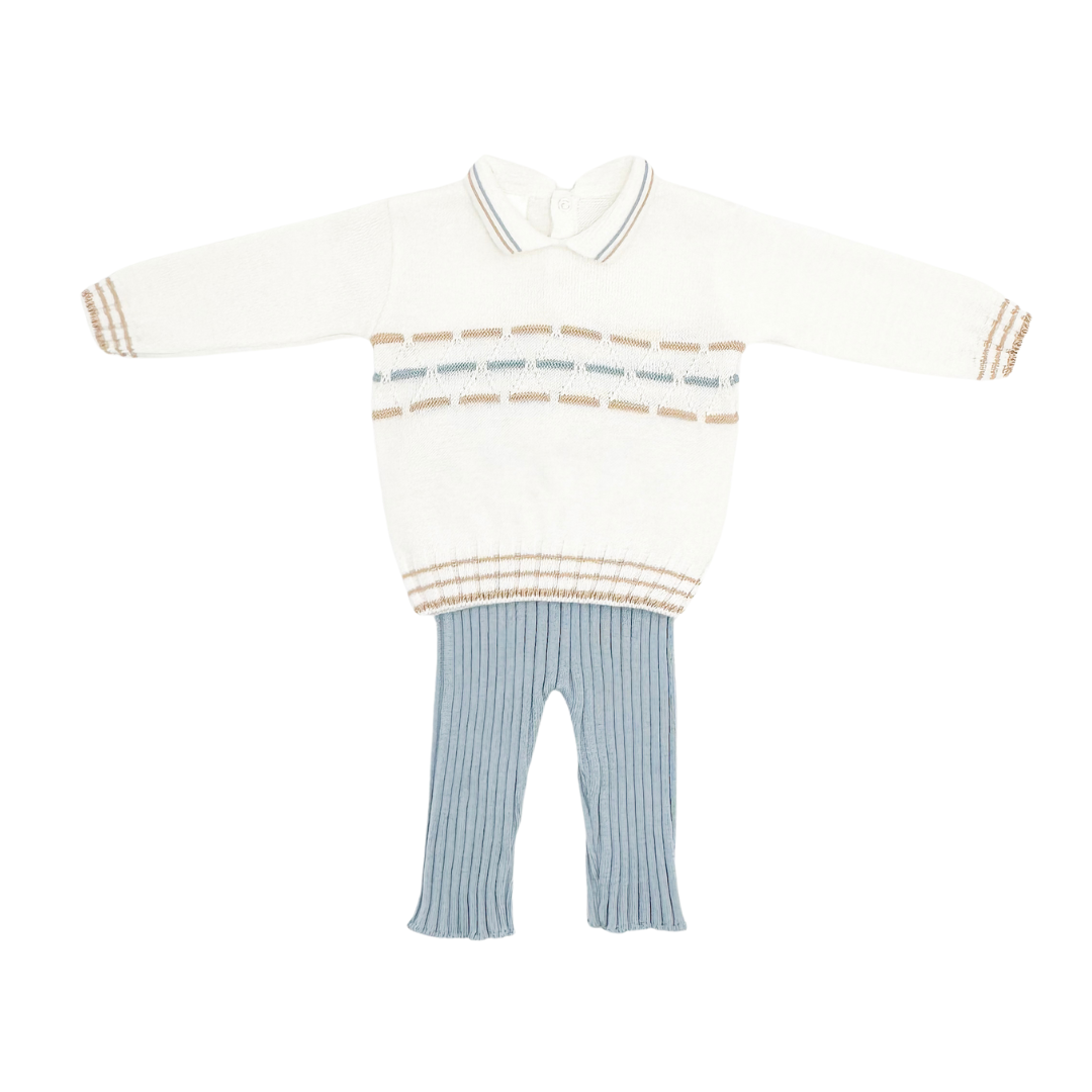 Creamy White and Blue Knit Pants Set