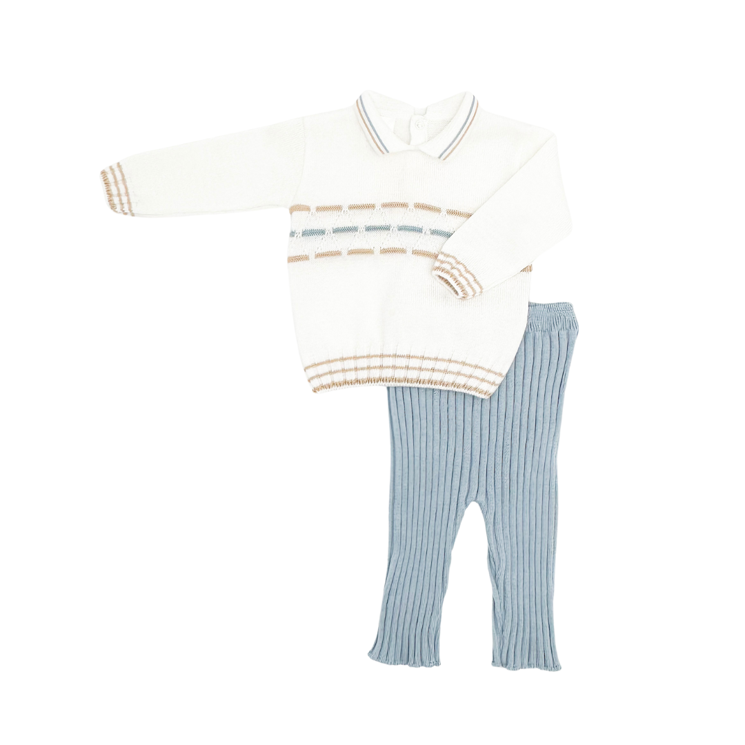 Creamy White and Blue Knit Pants Set