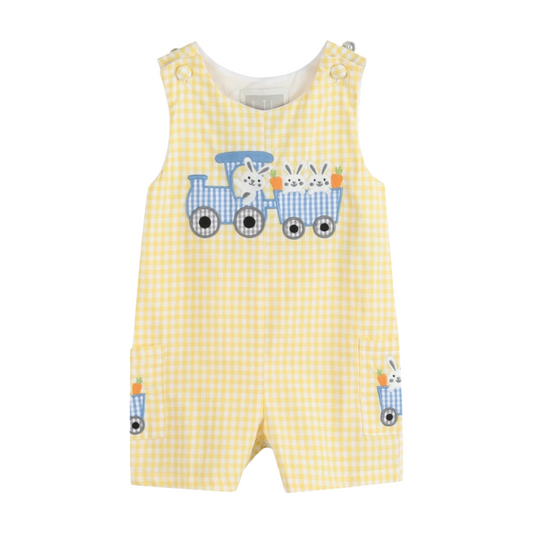 Yellow Gingham Bunny Train Shortalls