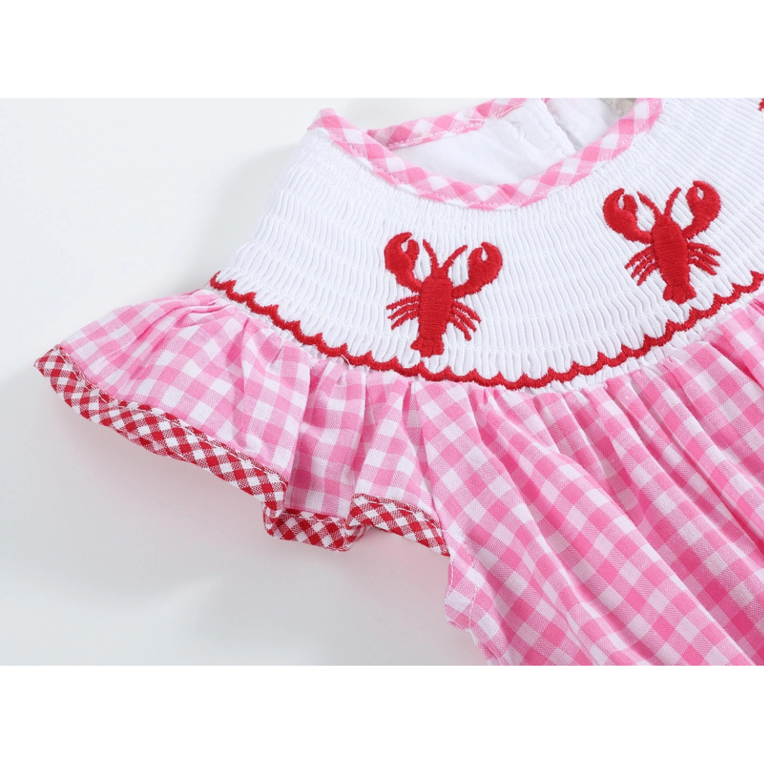 Pink Gingham Crawfish Smocked Flutter Romper