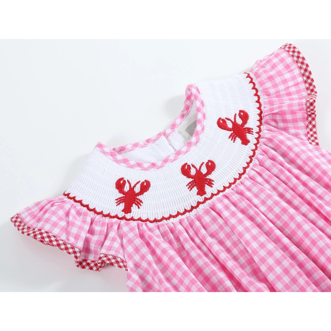 Pink Gingham Crawfish Smocked Flutter Romper