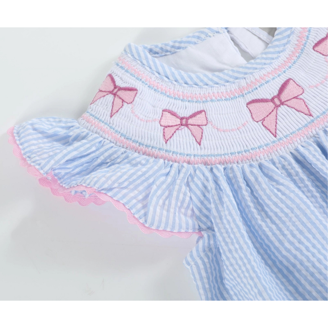 Blue Seersucker Bow Smocked Flutter Romper