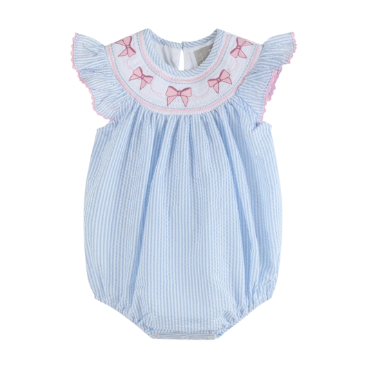 Blue Seersucker Bow Smocked Flutter Romper