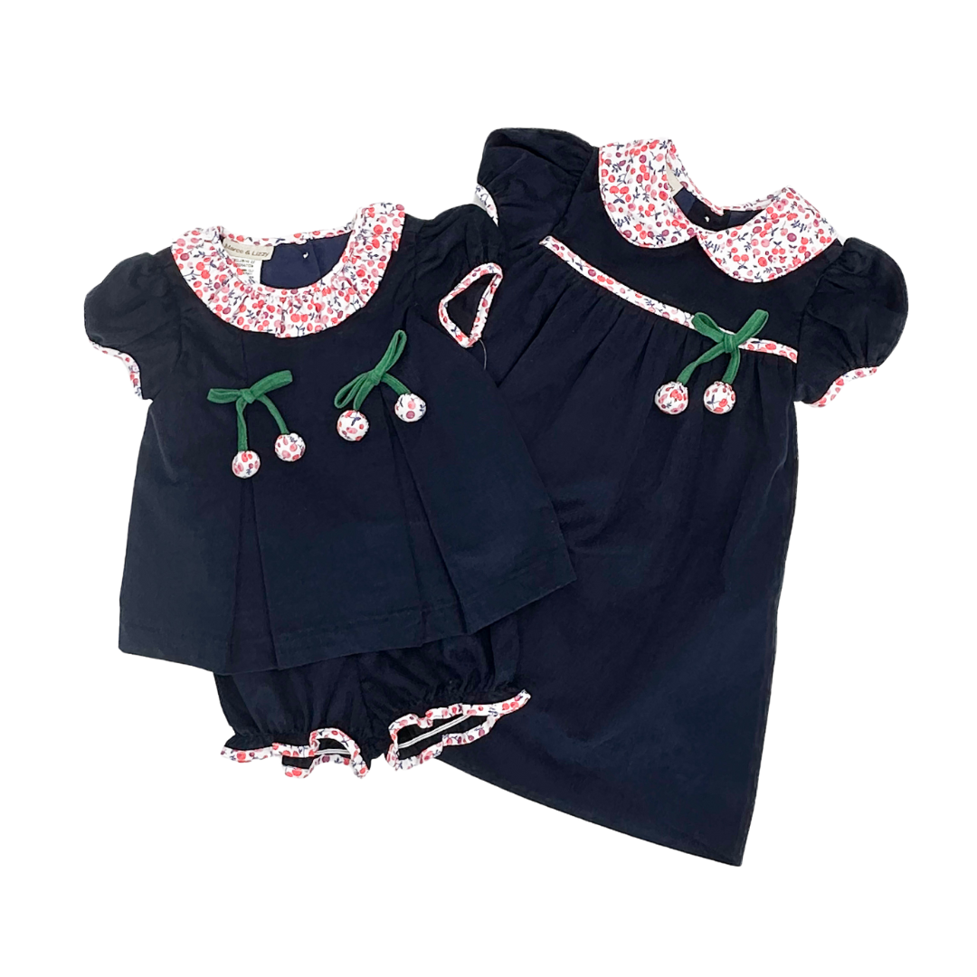 Cherries and Floral Navy Blue Corduroy Diaper Set