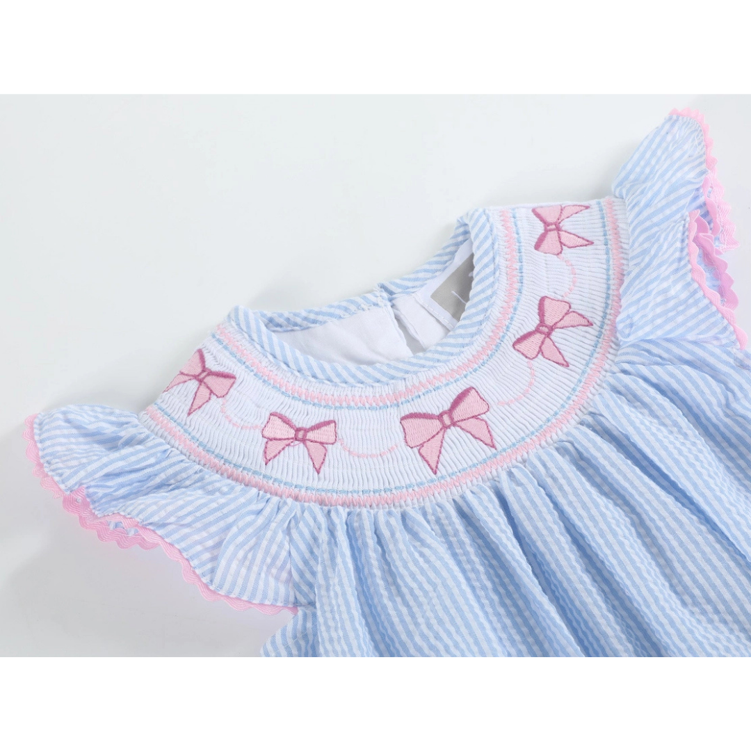 Blue Seersucker Bow Smocked Flutter Romper