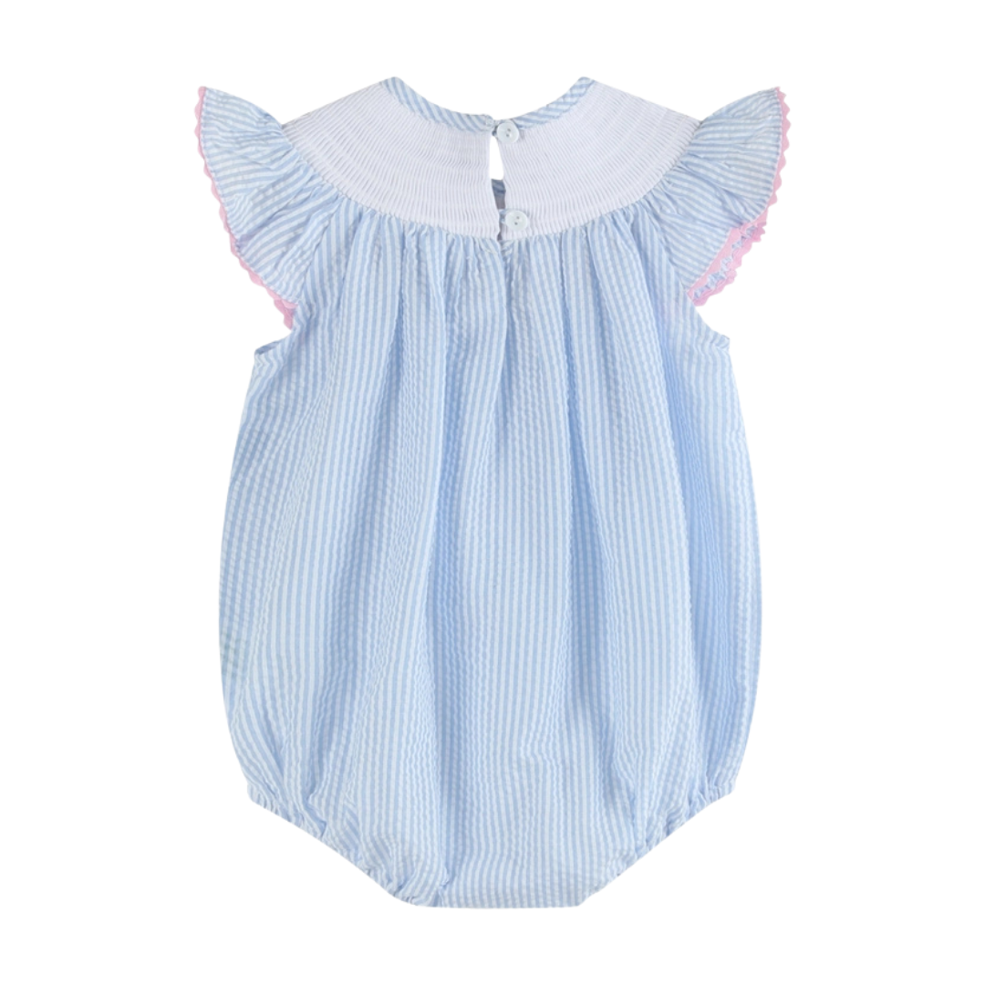 Blue Seersucker Bow Smocked Flutter Romper