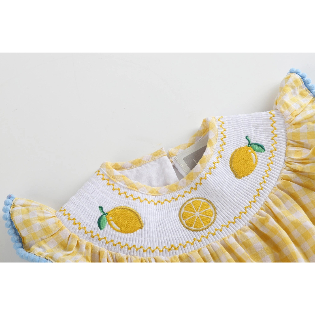 Yellow Gingham Lemon Smocked Flutter Romper