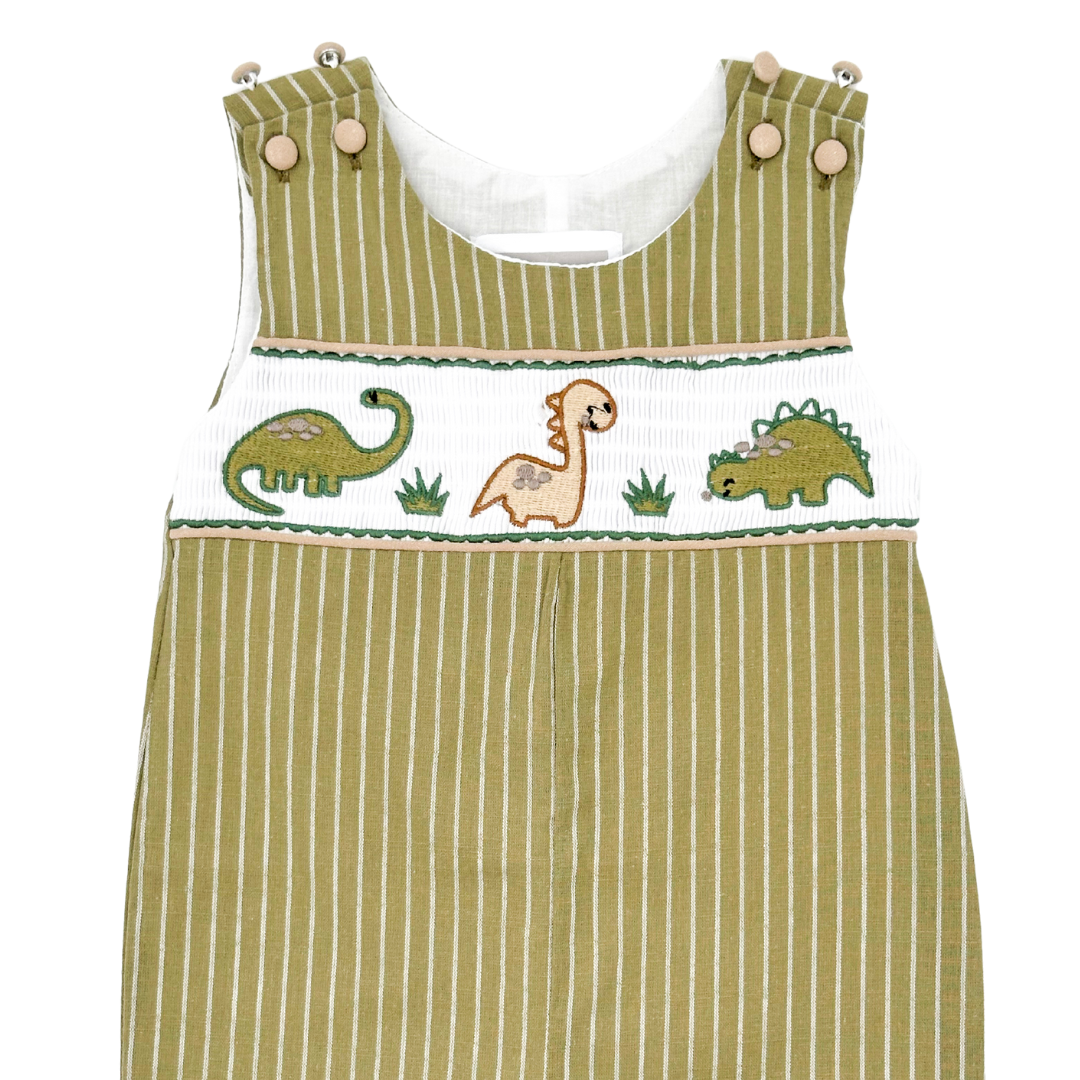 Green Dinosaur Smocked Overalls