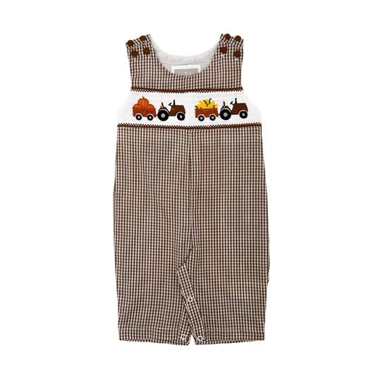 Brown Gingham Pumpkin and Corn Tractor Smocked Overalls