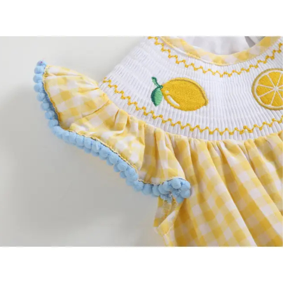 Yellow Gingham Lemon Smocked Flutter Romper