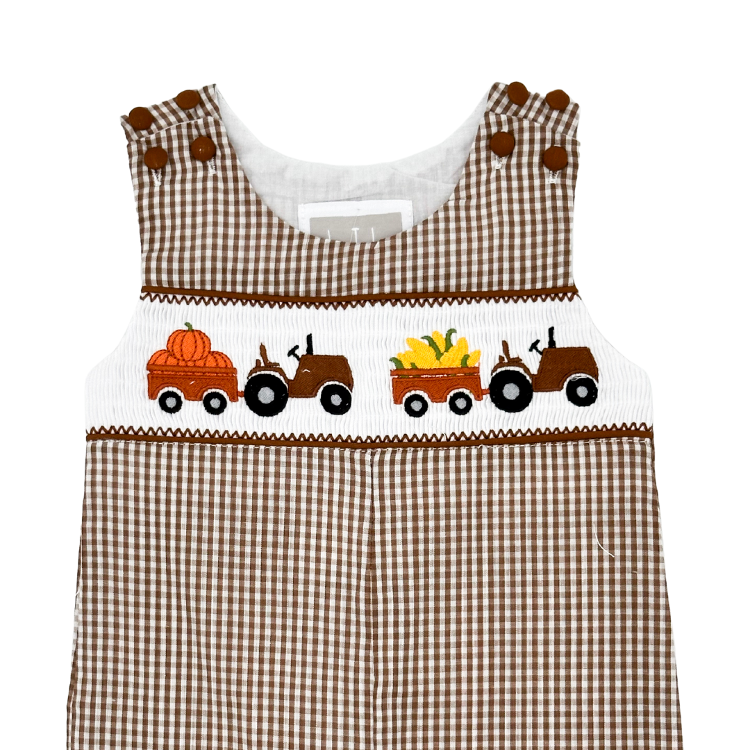 Brown Gingham Pumpkin and Corn Tractor Smocked Overalls