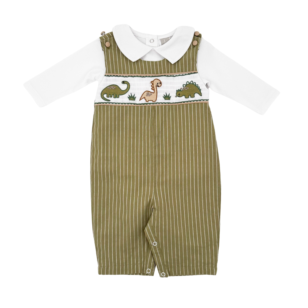 Green Dinosaur Smocked Overalls