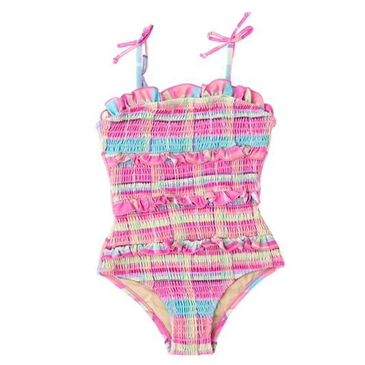 Smocked Summer Plaid Ruffle Swimsuit