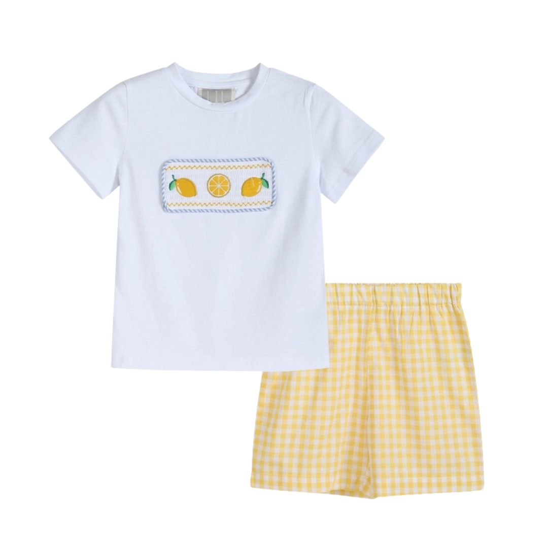 Yellow Gingham Lemon Smocked Shirt and Shorts Set