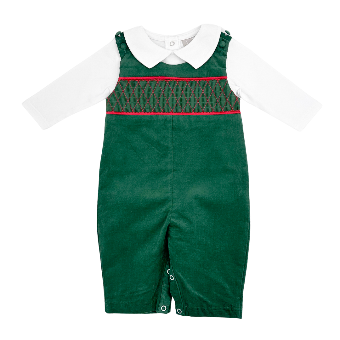 Green Christmas Smocked Overalls