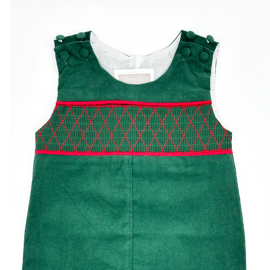 Green Christmas Smocked Overalls