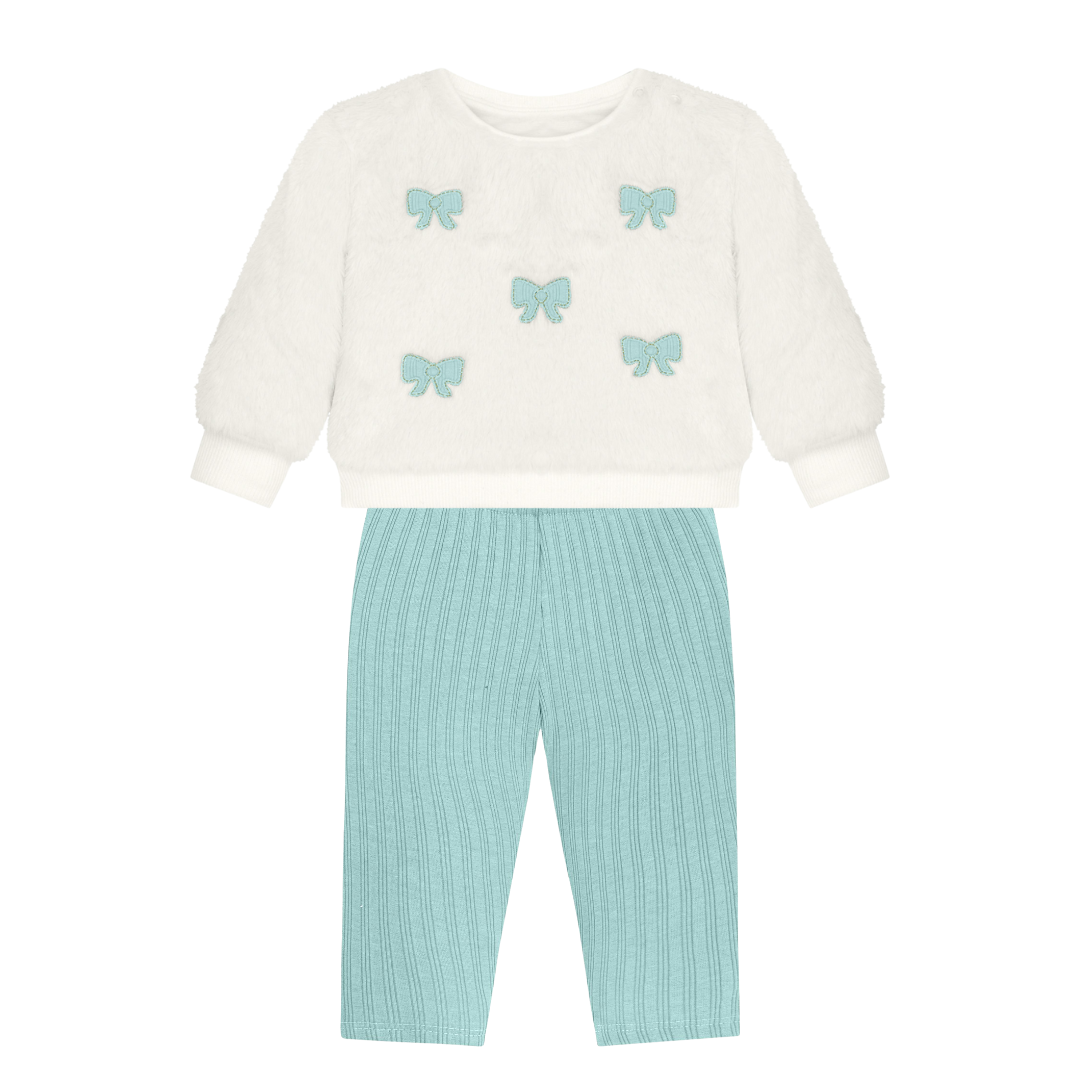 Plush Off-White Top and Aqua Knit Leggings Set