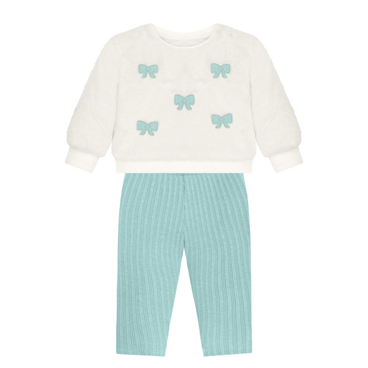 Plush Off-White Top and Aqua Knit Leggings Set