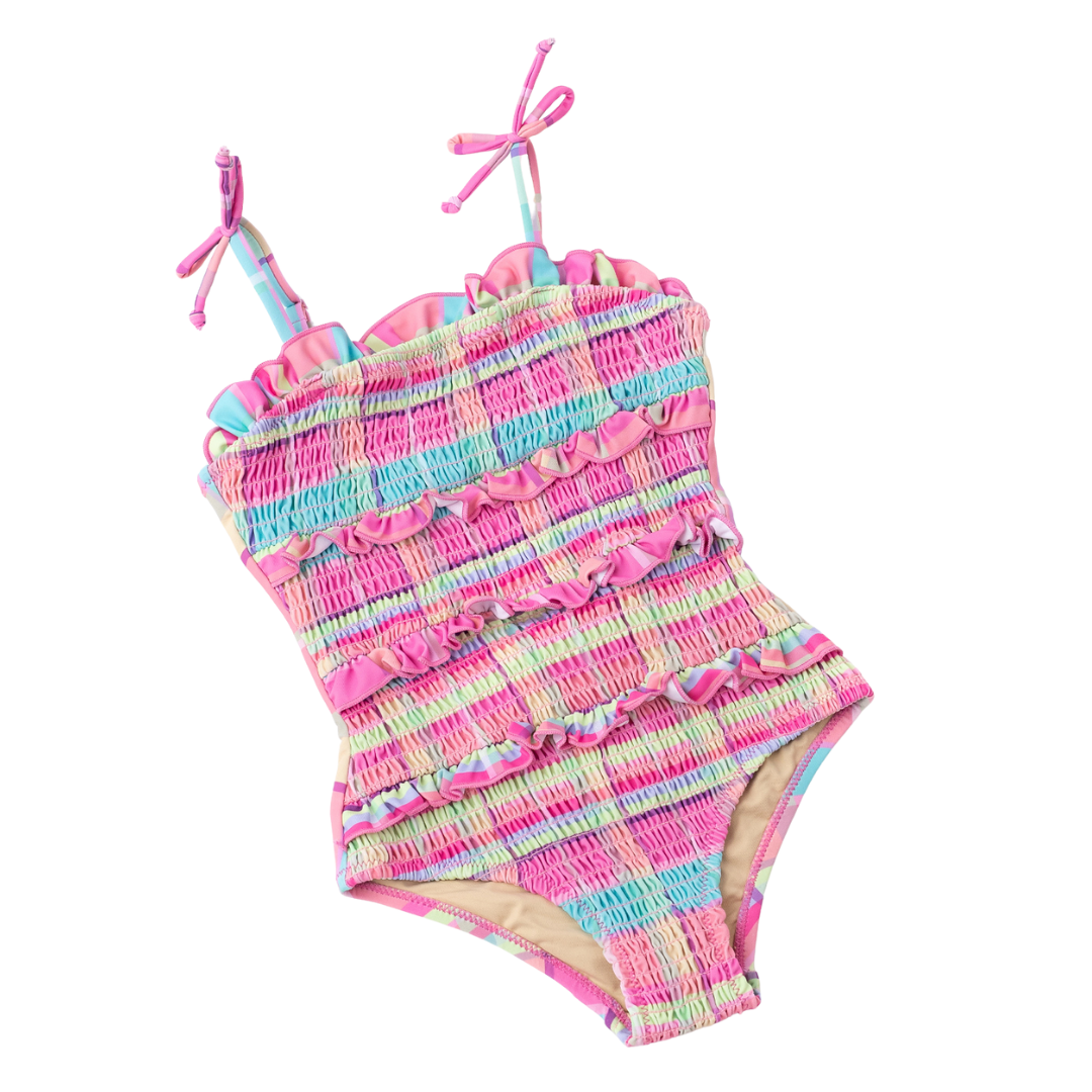 Smocked Summer Plaid Ruffle Swimsuit