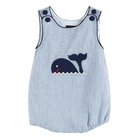 Blue Seersucker Whale Applique Bubble Romper