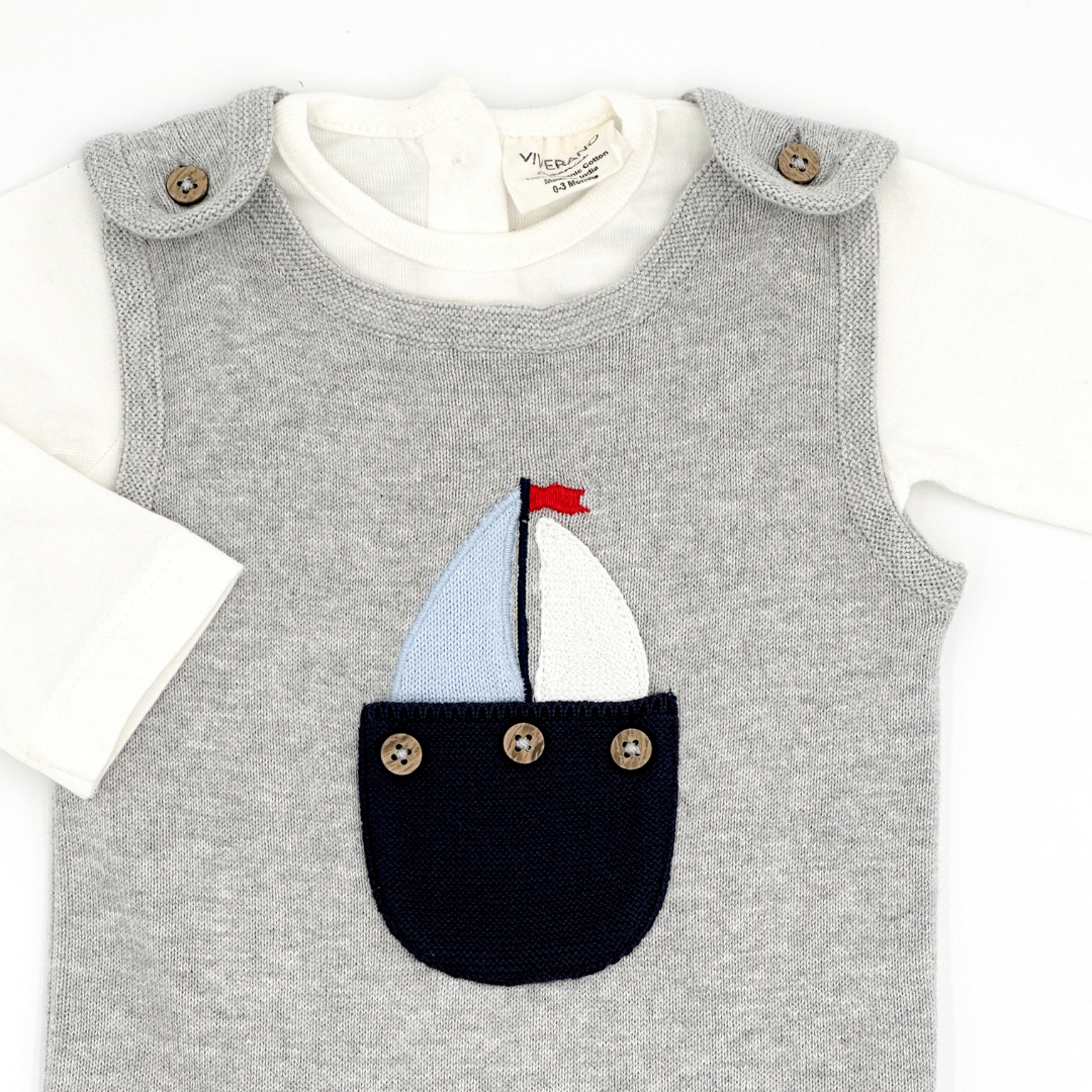 Boat Embroidered Pocket Baby Overall Set