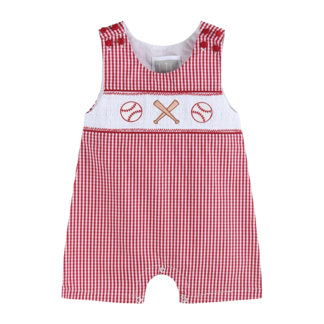 Red Gingham Baseball Smocked Shortalls