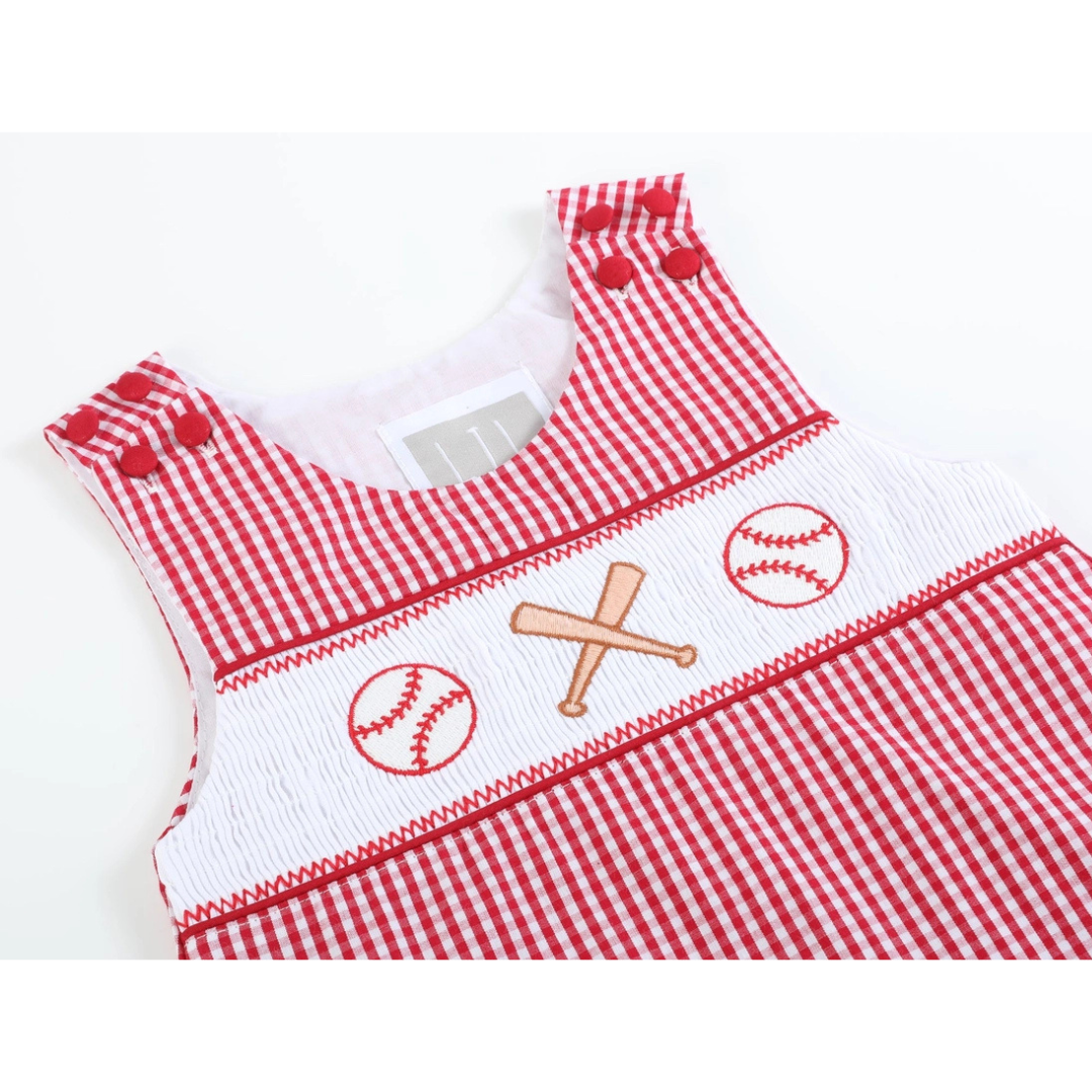 Red Gingham Baseball Smocked Shortalls