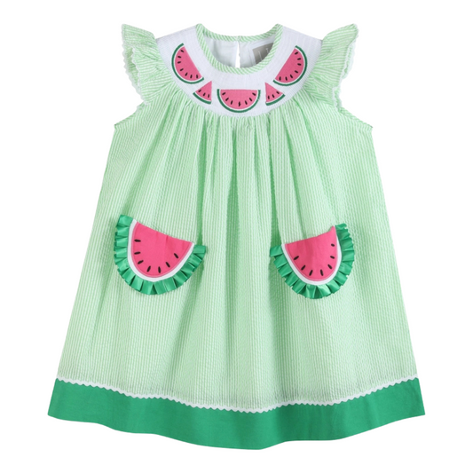 Green Seersucker Watermelon Smocked Bishop Dress