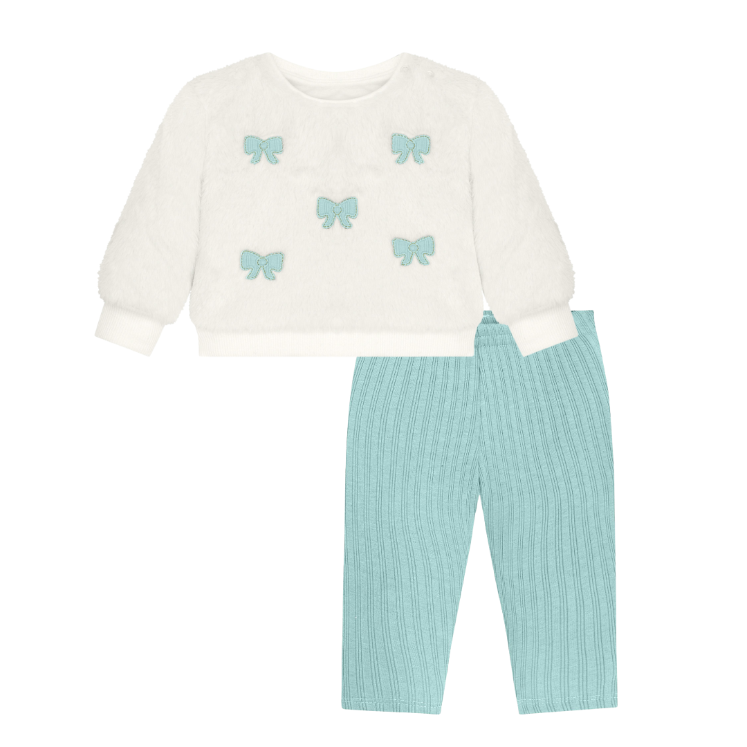 Plush Off-White Top and Aqua Knit Leggings Set