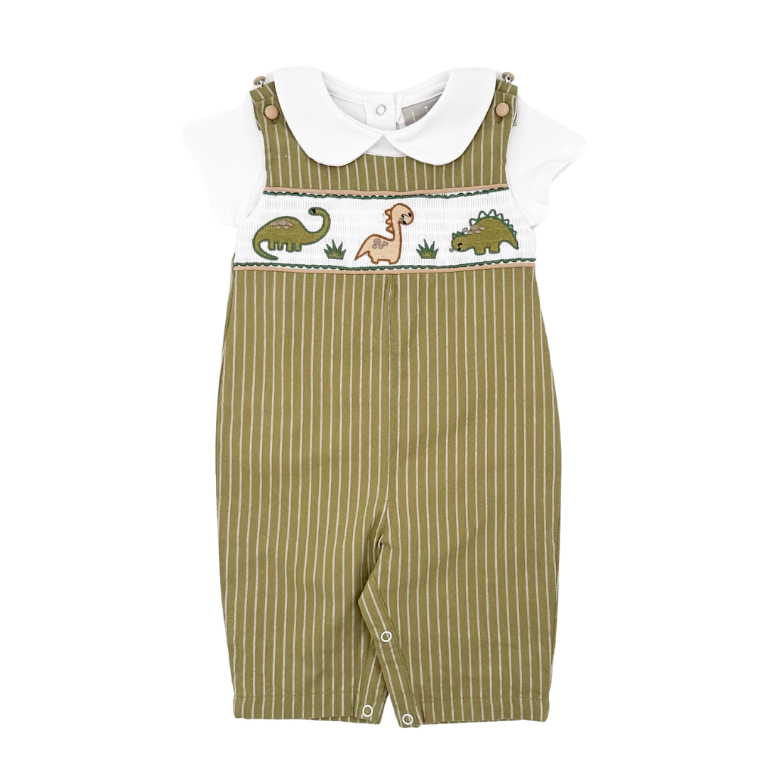 Green Dinosaur Smocked Overalls