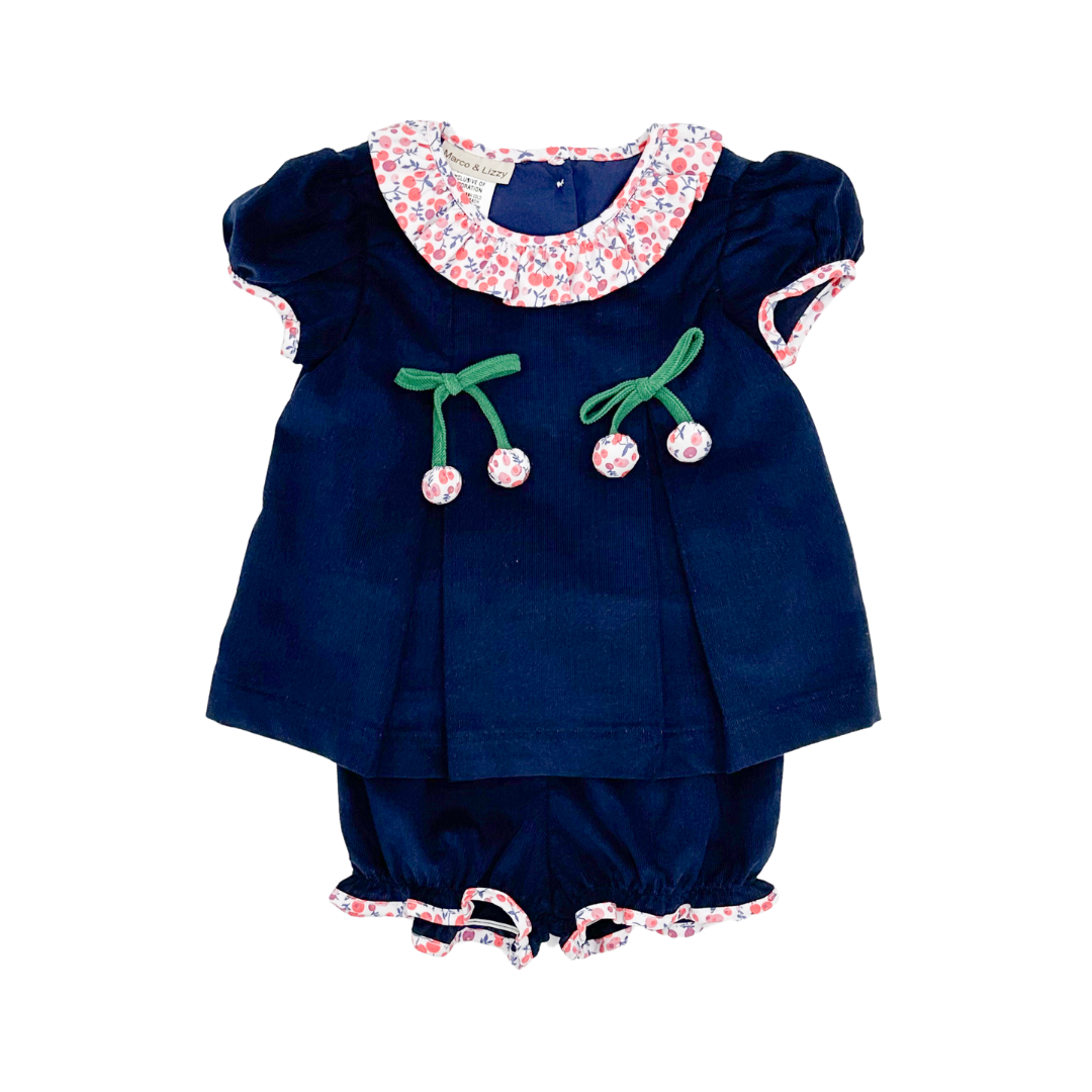 Cherries and Floral Navy Blue Corduroy Diaper Set