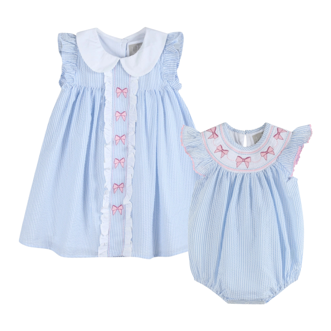 Blue Seersucker Bow Smocked Flutter Romper