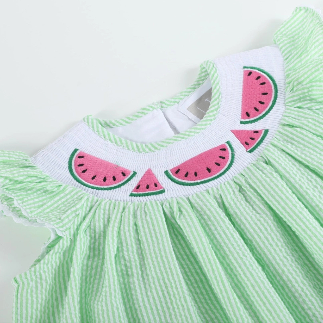 Green Seersucker Watermelon Smocked Bishop Dress