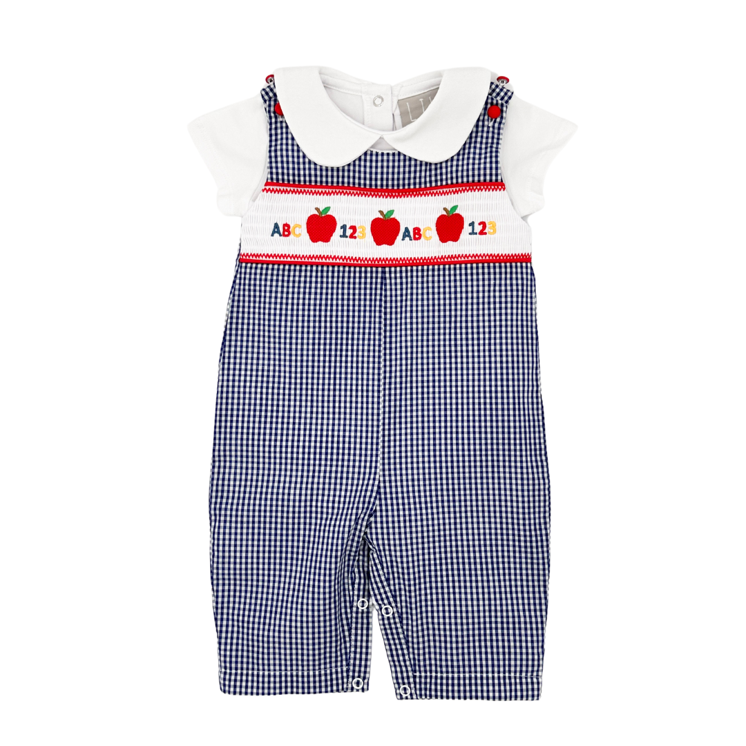 Blue Gingham 123 ABC School Smocked Overalls